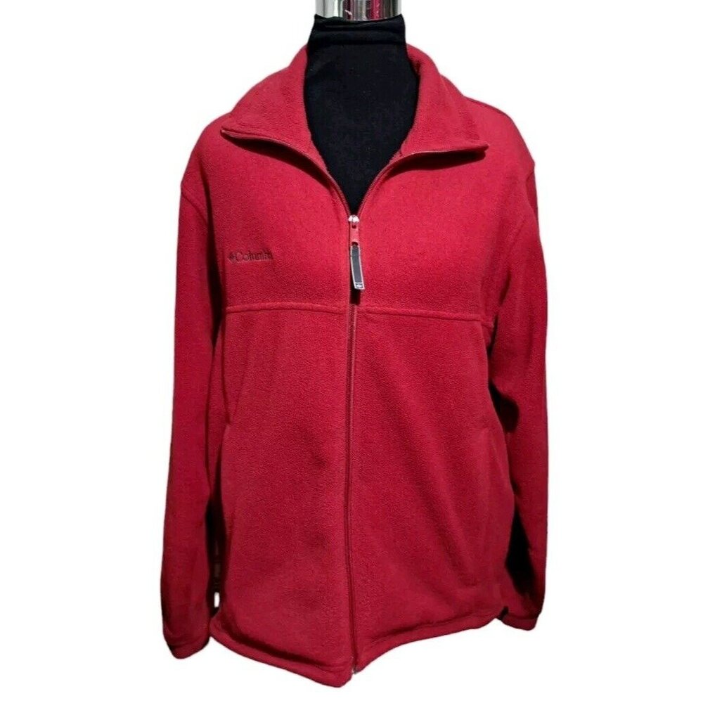 Columbia Mens Jacket SZ Medium Red Fleece Outdoor Casual Logo Full Zip Pockets